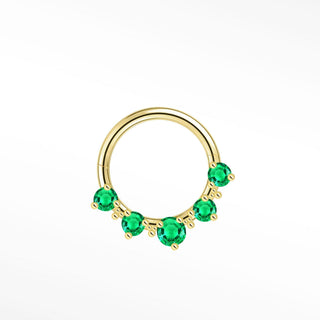 Gold 14k gold cartilage hoop earrings with five vibrant green gemstones in a circular jubilee emerald design