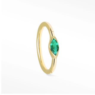 Cartilage hoop earrings featuring a vibrant natural marquise emerald. Handcrafted in 14k gold for secure stable fit