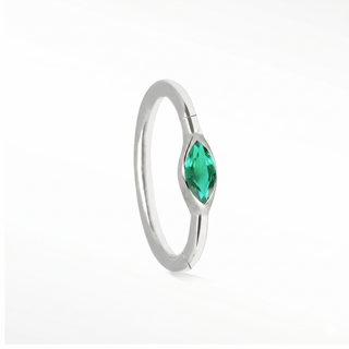 Cartilage hoop earrings featuring a vibrant natural marquise emerald. Handcrafted in 14k white gold for secure stable