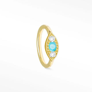 Gold-toned cartilage hoop earring featuring an evil eye 14k design with a turquoise stone and clear diamonds
