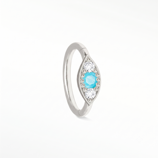 Cartilage hoop earrings featuring a turquoise and diamond evil eye motif in 14k white gold. Channel protection vibrant