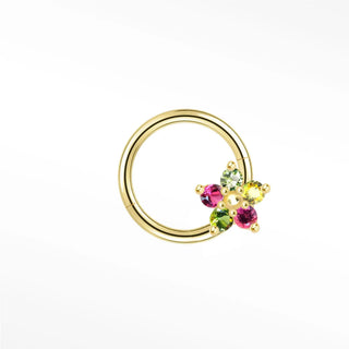 Cartilage hoop earrings handcrafted from 14k gold with a vibrant tourmaline flower. Elevate your ear stack whimsical
