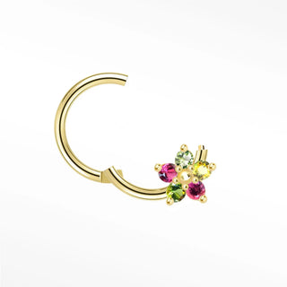 Cartilage hoop earrings handcrafted from 14k gold with a vibrant tourmaline flower. Elevate your ear stack whimsical