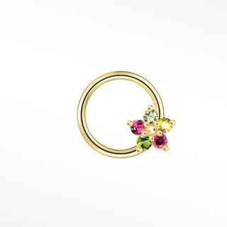 Cartilage hoop earrings handcrafted from 14k gold with a vibrant tourmaline flower. Elevate your ear stack whimsical