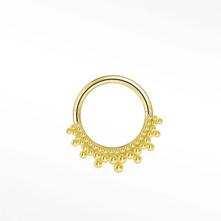Cartilage hoop earrings in 14k gold featuring a rhythmic golden bead crown. Grace your daith or septum