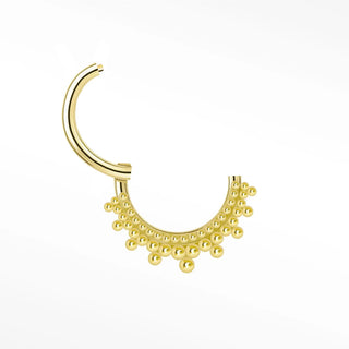 Cartilage hoop earrings in 14k gold featuring a rhythmic golden bead crown. Grace your daith or septum