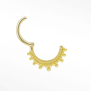 Cartilage hoop earrings in 14k gold featuring a rhythmic golden bead crown. Grace your daith or septum