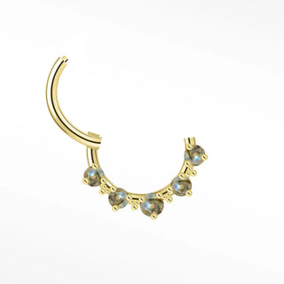 Cartilage hoop earrings in 14k gold with five mystical labradorite stones. Reveal a shifting blue-green glow