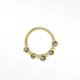 Cartilage hoop earrings in 14k gold with five mystical labradorite stones. Reveal a shifting blue-green glow