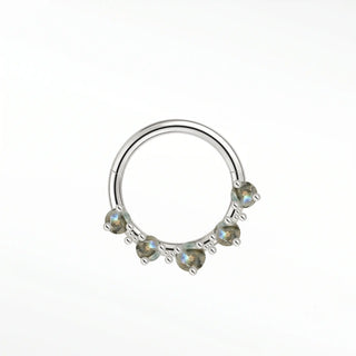 Cartilage hoop earrings in 14k white gold with five mystical labradorite stones. Reveal a shifting blue-green glow