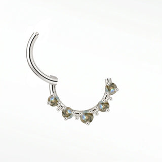 Cartilage hoop earrings in 14k white gold with five mystical labradorite stones. Reveal a shifting blue-green glow