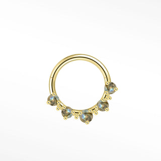 Cartilage hoop earrings in 14k gold with five mystical labradorite stones. Reveal a shifting blue-green glow