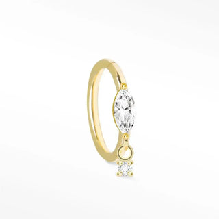 Delicate yellow gold cartilage hoop earring with marquise-cut and dangling moissanite in movement 14k yellow design