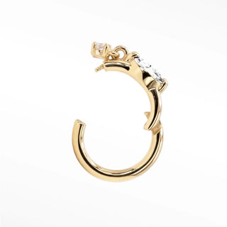Gold 14k cartilage hoop earrings featuring two clear faceted moissanite gemstones along the curved edge