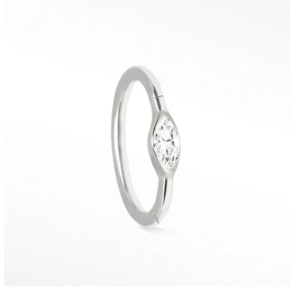Cartilage hoop earrings by nina wynn featuring a brilliant marquise moissanite. Handcrafted in 14k white gold