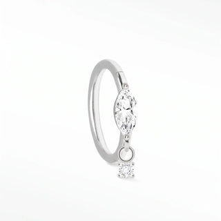 Cartilage hoop earrings with a marquise moissanite and dangling accent. Handcrafted in 14k white gold this aria design