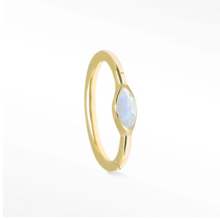 Cartilage hoop earrings with a mystical marquise moonstone in 14k gold. This 16g handcrafted design is dreamy secure