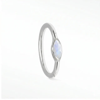 Cartilage hoop earrings with a mystical marquise moonstone in 14k white gold. This 16g handcrafted design is dreamy