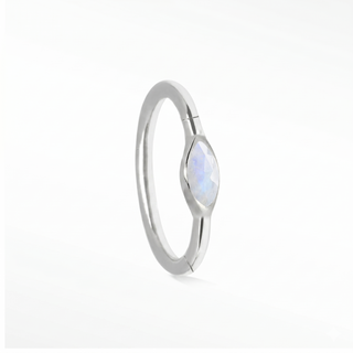 Cartilage hoop earrings with a mystical marquise moonstone in 14k white gold. This 16g handcrafted design is dreamy