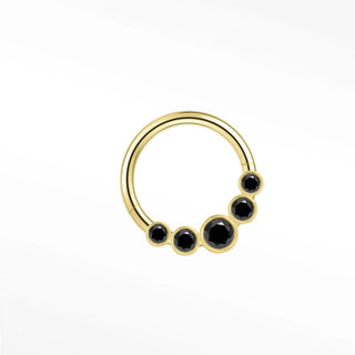 Cartilage hoop earrings featuring a bold sunburst of five bezel-set black diamonds in 14k gold. Introduce dark modern