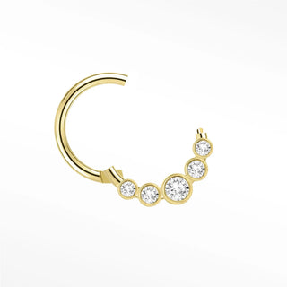 Cartilage hoop earrings in 14k gold with five bezel-set lab diamonds. Present a grand fan-like silhouette of brilliance