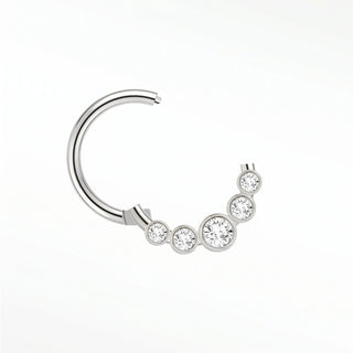 Cartilage hoop earrings in 14k white gold with five bezel-set lab diamonds. Present a grand fan-like silhouette
