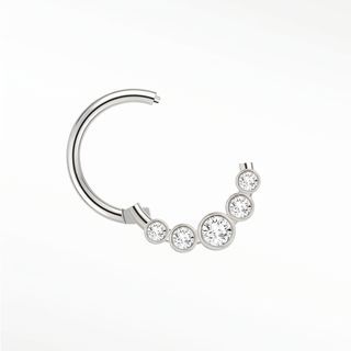 Cartilage hoop earrings in 14k white gold with five bezel-set lab diamonds. Present a grand fan-like silhouette