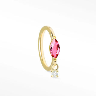 A delicate cartilage hoop earring pink sapphire with a vibrant gemstone and clear diamond accent in movement 14k yellow gold