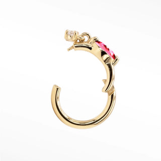 Gold-toned 14K gold cartilage hoop earrings featuring a vibrant pink sapphire gemstone and clear crystal accent