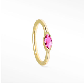 Cartilage hoop earrings featuring a romantic 18g marquise pink sapphire in 14k gold. Infuse vibrant rosy glow into