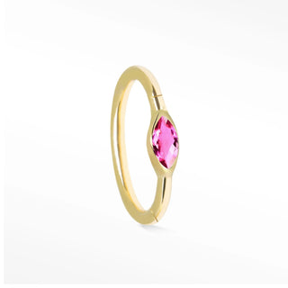 Cartilage hoop earrings highlighted by a gorgeous pink sapphire in marquise cut. Crafted 14k gold this 16g offers