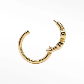 Gold-colored 14k cartilage hoop earrings with hinged sleek polished finish and subtle textured detailing along hinge