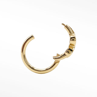 Gold-colored 14k cartilage hoop earrings with hinged sleek polished finish and subtle textured detailing along hinge