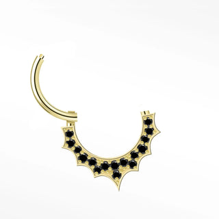 Cartilage hoop earrings in 14k gold featuring a spiked black diamond pavé. Project bold rebellious sunburst silhouette