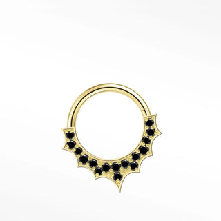 Cartilage hoop earrings in 14k gold featuring a spiked black diamond pavé. Project bold rebellious sunburst silhouette
