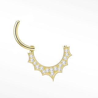 Gold 14k cartilage hoop earrings with bat-wing shape and clear crystal accents for stylish ear cartilage wear