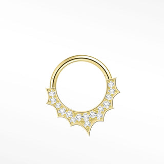 Gold-colored 14k gold cartilage hoop earrings with hinged design and spiked diamond-encrusted detail