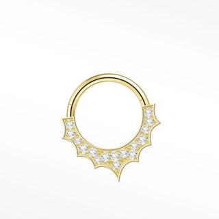 Gold-colored 14k gold cartilage hoop earrings with hinged design and spiked diamond-encrusted detail