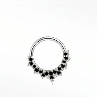 Cartilage hoop earrings in 14k white gold featuring a spiked black diamond pavé. Project bold rebellious sunburst