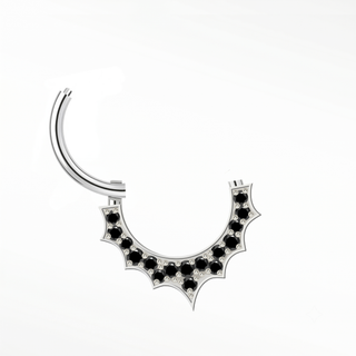 Cartilage hoop earrings in 14k white gold featuring a spiked black diamond pavé. Project bold rebellious sunburst