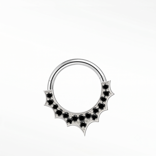 Cartilage hoop earrings in 14k white gold featuring a spiked black diamond pavé. Project bold rebellious sunburst