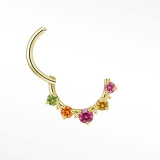 Gold 14k gold cartilage hoop earrings featuring five colorful faceted gemstones in green orange yellow and pink