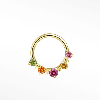 Cartilage hoop earrings featuring a 14k gold circular hoop with five vibrant tourmaline gemstones in green orange yellow and pink