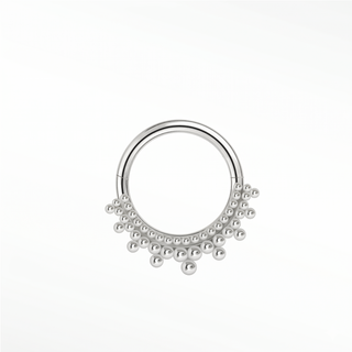 Cartilage hoop earrings in 14k white gold featuring a rhythmic golden bead crown. Grace your daith or septum