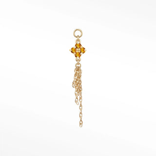 Ear charm in 14k gold with a majestic natural emerald clover & drop chains. Seamless loop fits hoops studs and flat