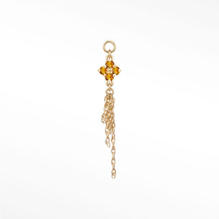 Ear charm in 14k gold with a majestic natural emerald clover & drop chains. Seamless loop fits hoops studs and flat