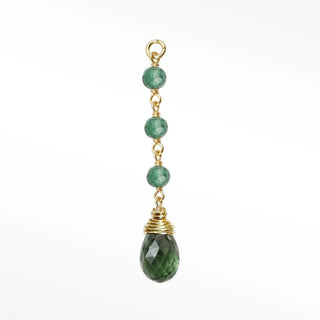 Ear charms showcasing a dramatic three-bead green tourmaline cascade and hand-selected briolette in solid 14k gold.