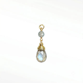 Ear charms crafted with genuine faceted labradorite beads and a briolette drop in 14k gold. Elevate your favorite hoops