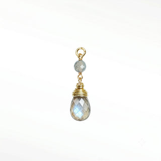 Ear charms crafted with genuine faceted labradorite beads and a briolette drop in 14k gold. Elevate your favorite hoops