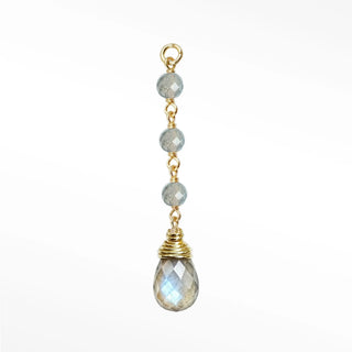 Ear charms showcasing a dramatic three-bead labradorite cascade and hand-selected briolette in solid 14k gold.